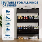 Meuble à chaussures avec 2 tiroirs basculants et un tiroir supérieur, panneau ajouré et poignées carrées noires, range-chaussures réglable pour entrée