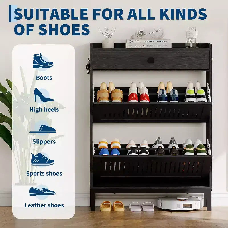 Meuble à chaussures avec 2 tiroirs basculants et un tiroir supérieur, panneau ajouré et poignées carrées noires, range-chaussures réglable pour entrée