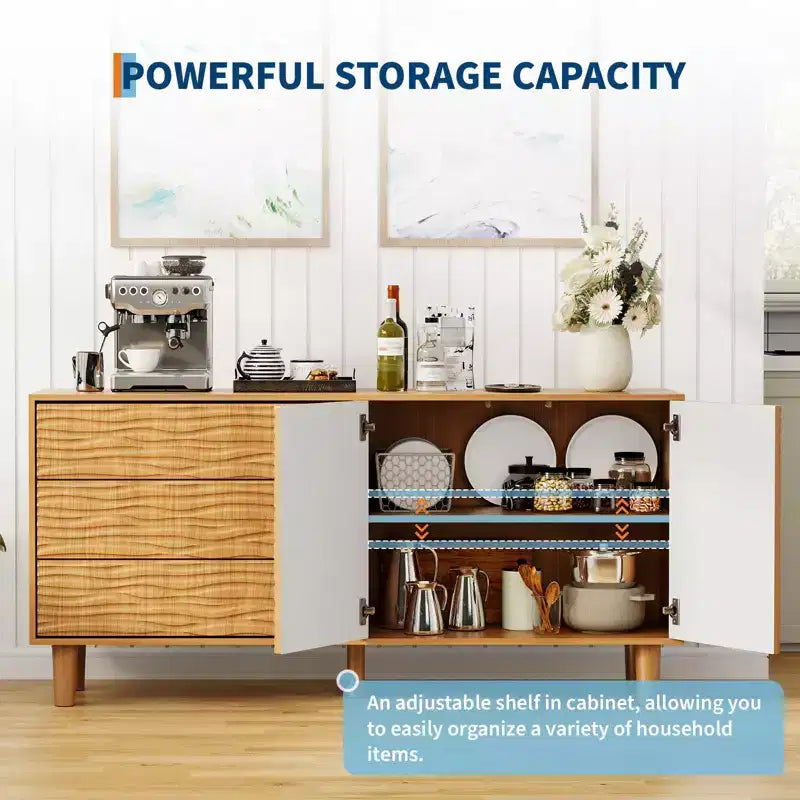 Meuble Buffet, Bahut avec Rangement – Design Cannelé Moderne de 61" avec 3 Tiroirs et 2 Portes pour Salle à Manger, Cuisine, Salon