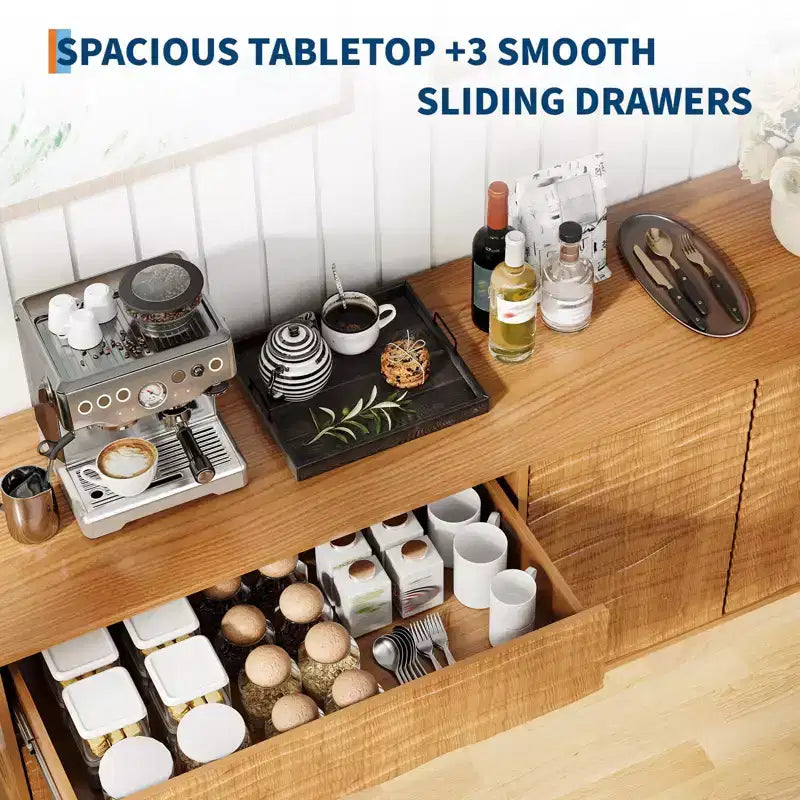 Meuble Buffet, Bahut avec Rangement – Design Cannelé Moderne de 61" avec 3 Tiroirs et 2 Portes pour Salle à Manger, Cuisine, Salon