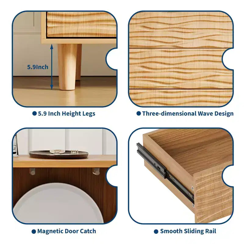 Meuble Buffet, Bahut avec Rangement – Design Cannelé Moderne de 61" avec 3 Tiroirs et 2 Portes pour Salle à Manger, Cuisine, Salon