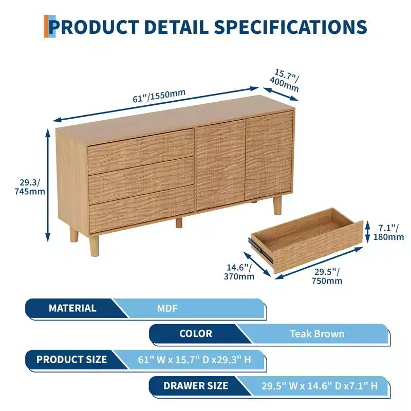 Meuble Buffet, Bahut avec Rangement – Design Cannelé Moderne de 61" avec 3 Tiroirs et 2 Portes pour Salle à Manger, Cuisine, Salon
