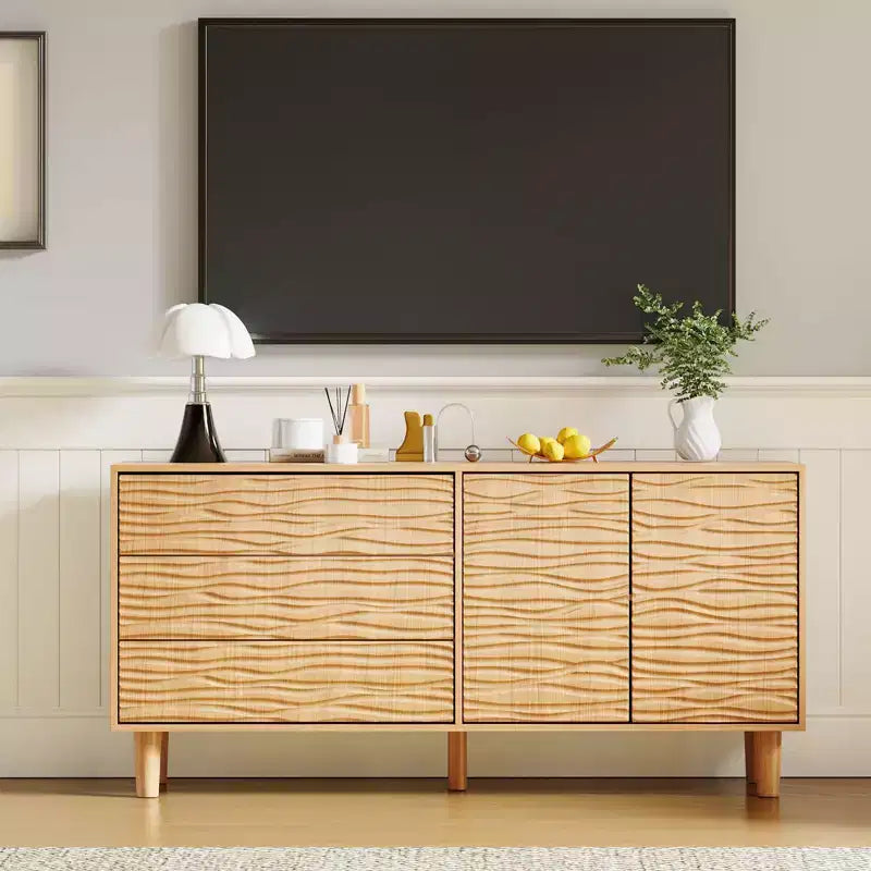 Meuble Buffet, Bahut avec Rangement – Design Cannelé Moderne de 61" avec 3 Tiroirs et 2 Portes pour Salle à Manger, Cuisine, Salon