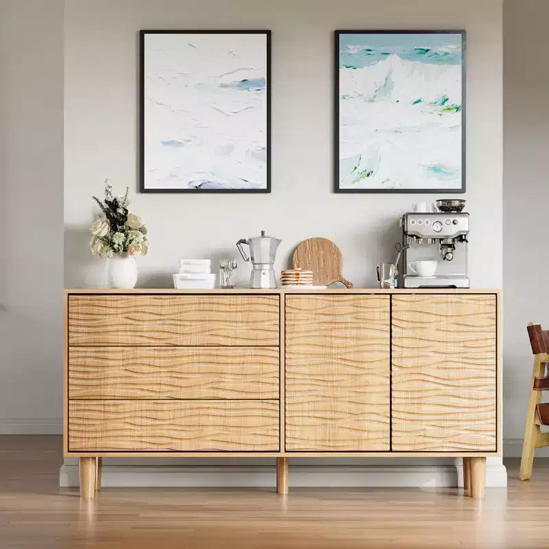 Meuble Buffet, Bahut avec Rangement – Design Cannelé Moderne de 61" avec 3 Tiroirs et 2 Portes pour Salle à Manger, Cuisine, Salon