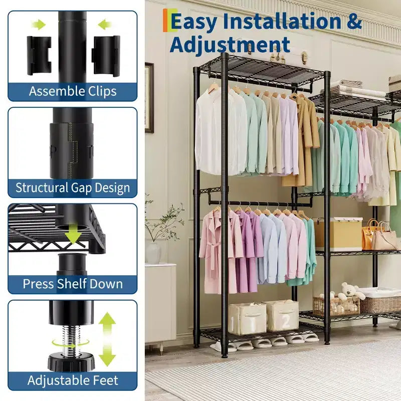 Portant à vêtements, étendoir en métal robuste avec étagères réglables, portant autoportant pour chambre à coucher, entrée, sous-sol