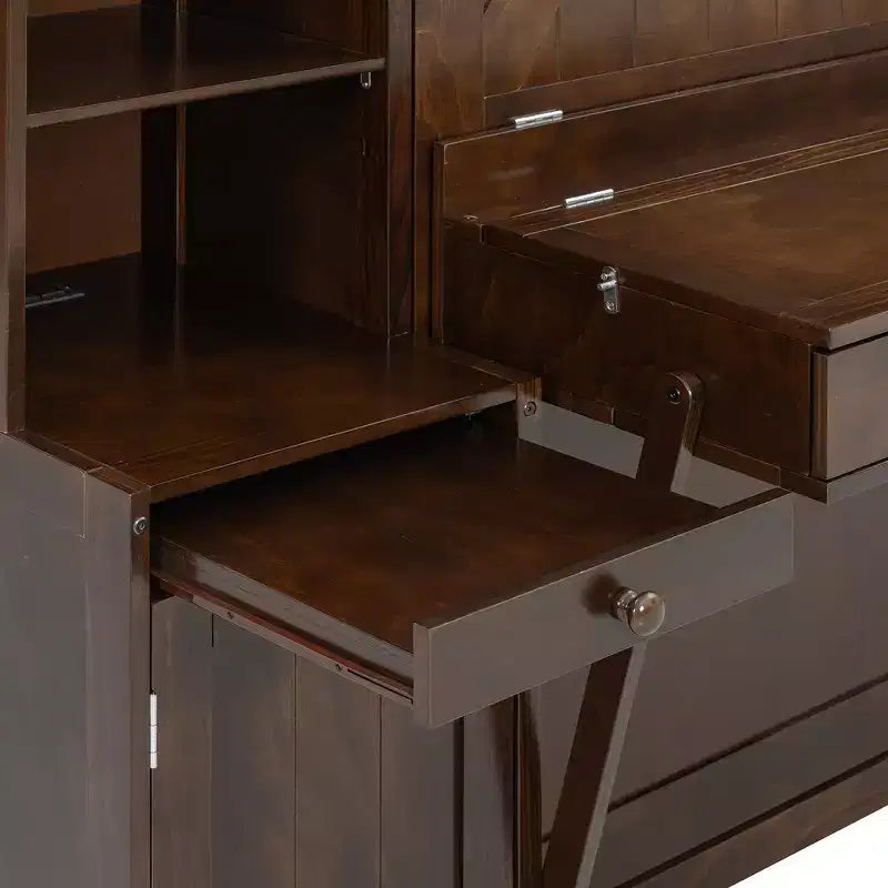 Lit escamotable mural Whisen Queen avec bureau et rangement, lit mural en bois avec armoires et tiroirs