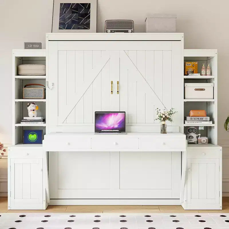 Lit escamotable mural Whisen Queen avec bureau et rangement, lit mural en bois avec armoires et tiroirs