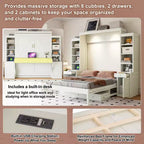 Lit escamotable mural Whisen Queen avec bureau et rangement, lit mural en bois avec armoires et tiroirs