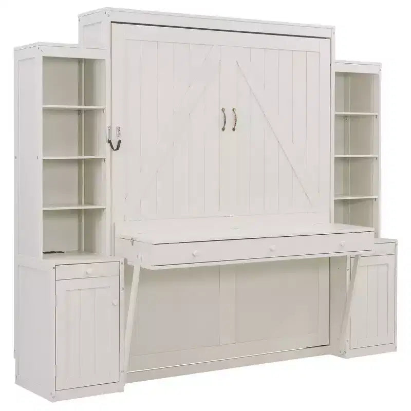 Lit escamotable mural Whisen Queen avec bureau et rangement, lit mural en bois avec armoires et tiroirs