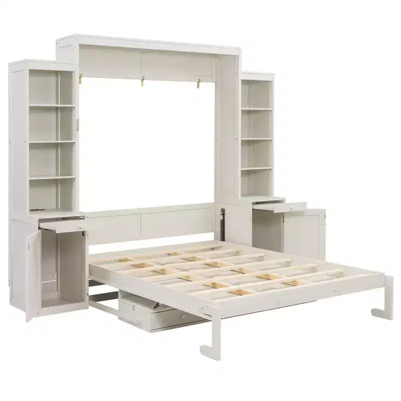 Lit escamotable mural Whisen Queen avec bureau et rangement, lit mural en bois avec armoires et tiroirs