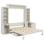 Lit escamotable mural Whisen Queen avec bureau et rangement, lit mural en bois avec armoires et tiroirs