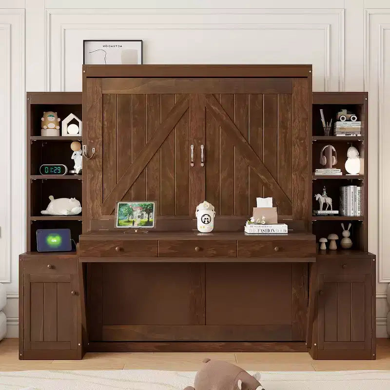 Lit escamotable mural Whisen Queen avec bureau et rangement, lit mural en bois avec armoires et tiroirs