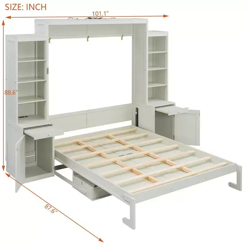 Lit escamotable mural Whisen Queen avec bureau et rangement, lit mural en bois avec armoires et tiroirs