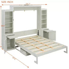 Lit escamotable mural Whisen Queen avec bureau et rangement, lit mural en bois avec armoires et tiroirs