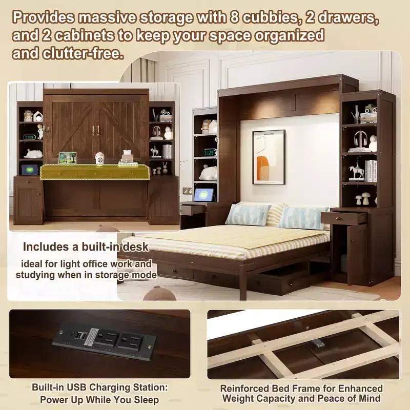 Lit escamotable mural Whisen Queen avec bureau et rangement, lit mural en bois avec armoires et tiroirs