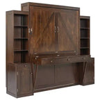 Lit escamotable mural Whisen Queen avec bureau et rangement, lit mural en bois avec armoires et tiroirs