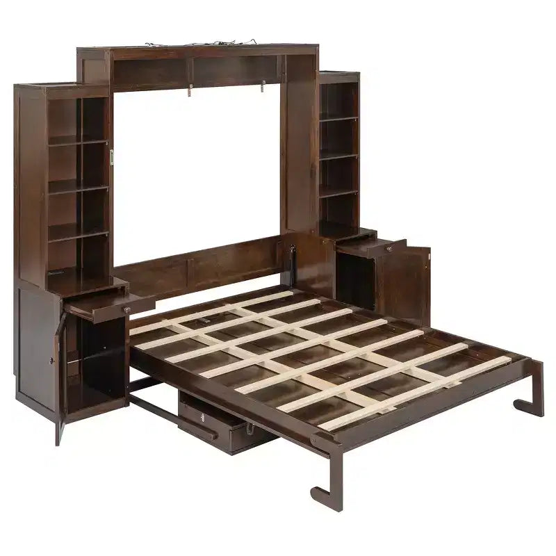 Lit escamotable mural Whisen Queen avec bureau et rangement, lit mural en bois avec armoires et tiroirs