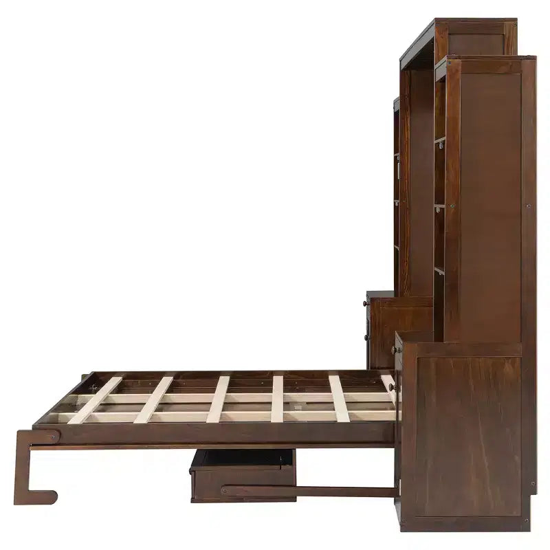 Lit escamotable mural Whisen Queen avec bureau et rangement, lit mural en bois avec armoires et tiroirs