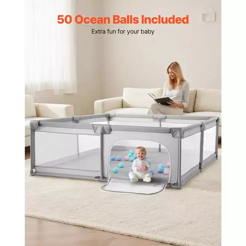 Parc pour bébé VEVOR, très grand parc de 78,7 x 70,3, parc pour bébé intérieur/extérieur, centre d'activités de sécurité sans espace, 50 balles de l'océan, gris