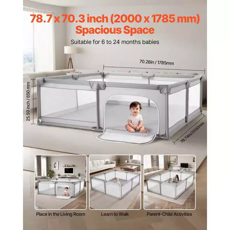Parc pour bébé VEVOR, très grand parc de 78,7 x 70,3, parc pour bébé intérieur/extérieur, centre d'activités de sécurité sans espace, 50 balles de l'océan, gris