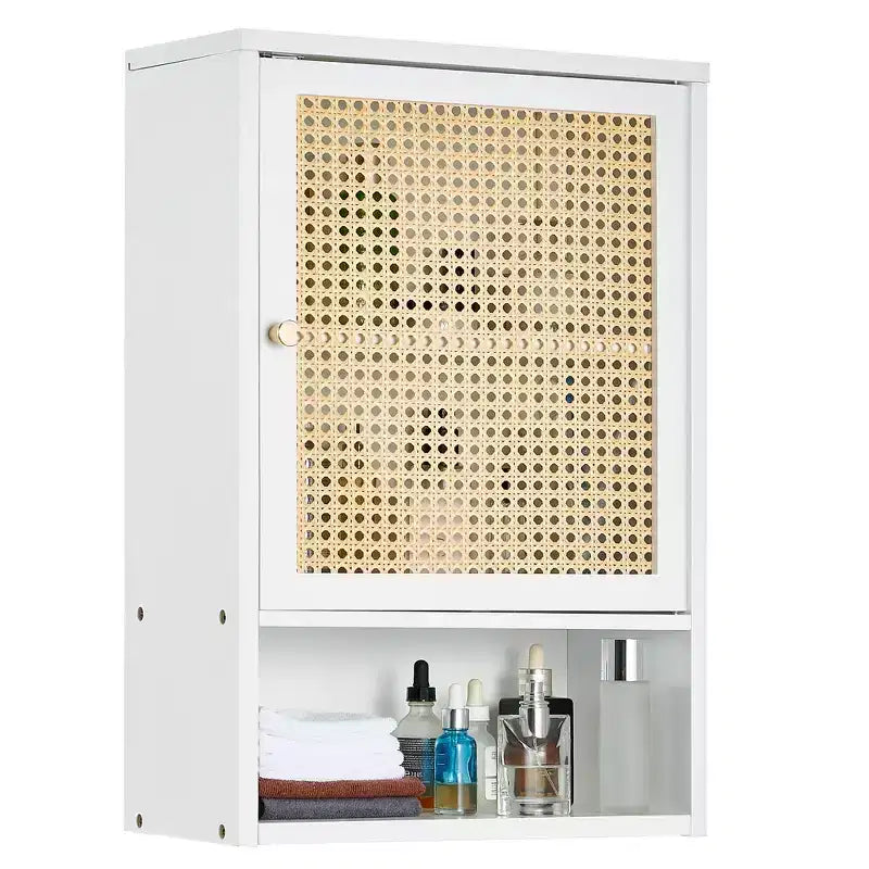 Meuble de salle de bain mural - Meuble haut de toilette en bambou, portes en rotin, étagère réglable, rangement à pharmacie pour cuisine et buanderie