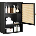 Meuble de salle de bain mural - Meuble haut de toilette en bambou, portes en rotin, étagère réglable, rangement à pharmacie pour cuisine et buanderie