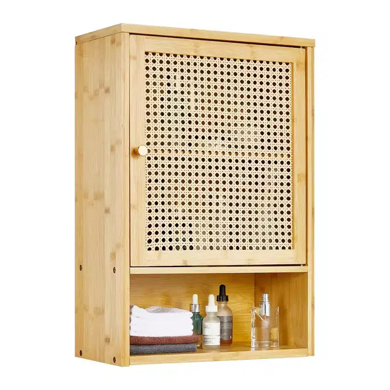 Meuble de salle de bain mural - Meuble haut de toilette en bambou, portes en rotin, étagère réglable, rangement à pharmacie pour cuisine et buanderie