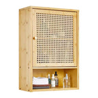 Meuble de salle de bain mural - Meuble haut de toilette en bambou, portes en rotin, étagère réglable, rangement à pharmacie pour cuisine et buanderie