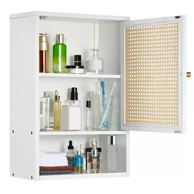 Meuble de salle de bain mural - Meuble haut de toilette en bambou, portes en rotin, étagère réglable, rangement à pharmacie pour cuisine et buanderie