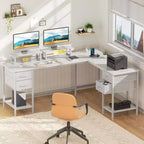 Bureau d'ordinateur en forme de L blanc de 66 pouces avec station de charge, grand bureau de jeu de 94,4 pouces pour deux personnes, 4 tiroirs, 2 supports d'écran, rangement pour bureau à domicile
