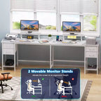 Bureau d'ordinateur en forme de L blanc de 66 pouces avec station de charge, grand bureau de jeu de 94,4 pouces pour deux personnes, 4 tiroirs, 2 supports d'écran, rangement pour bureau à domicile
