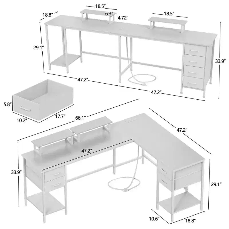 Bureau d'ordinateur en forme de L blanc de 66 pouces avec station de charge, grand bureau de jeu de 94,4 pouces pour deux personnes, 4 tiroirs, 2 supports d'écran, rangement pour bureau à domicile