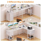 Bureau d'ordinateur en forme de L blanc de 66 pouces avec station de charge, grand bureau de jeu de 94,4 pouces pour deux personnes, 4 tiroirs, 2 supports d'écran, rangement pour bureau à domicile
