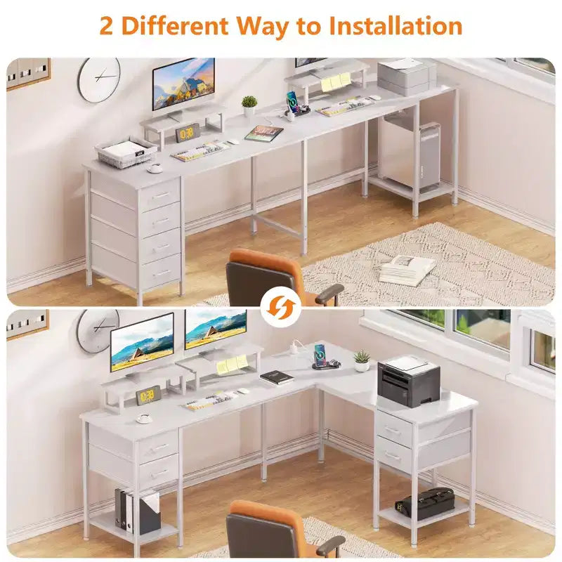 Bureau d'ordinateur en forme de L blanc de 66 pouces avec station de charge, grand bureau de jeu de 94,4 pouces pour deux personnes, 4 tiroirs, 2 supports d'écran, rangement pour bureau à domicile