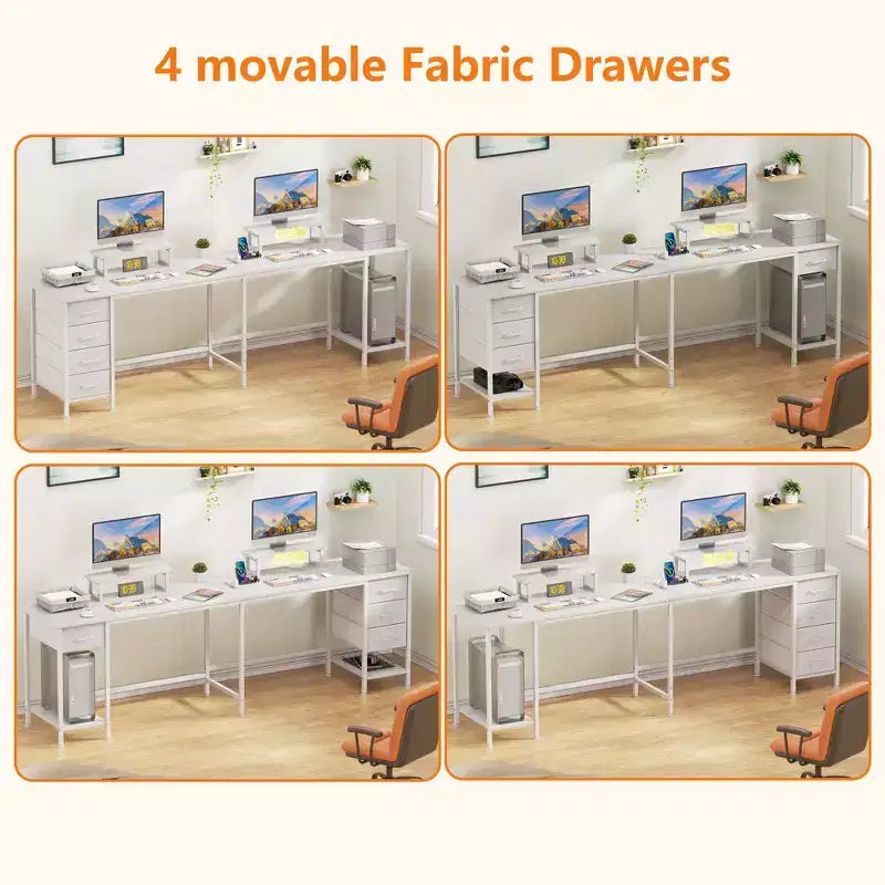 Bureau d'ordinateur en forme de L blanc de 66 pouces avec station de charge, grand bureau de jeu de 94,4 pouces pour deux personnes, 4 tiroirs, 2 supports d'écran, rangement pour bureau à domicile