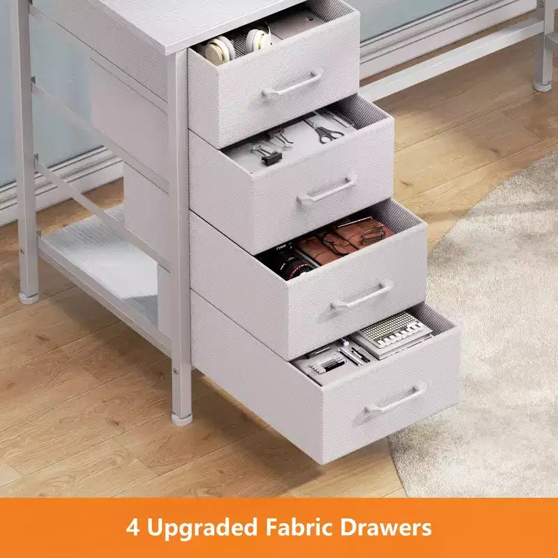 Bureau d'ordinateur en forme de L blanc de 66 pouces avec station de charge, grand bureau de jeu de 94,4 pouces pour deux personnes, 4 tiroirs, 2 supports d'écran, rangement pour bureau à domicile