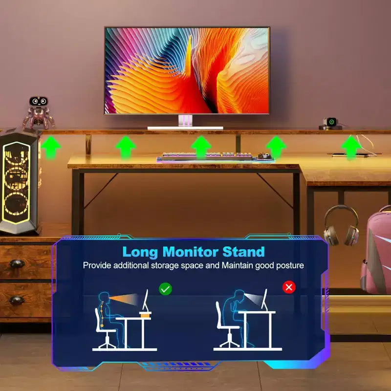Qwatto Bureau d'ordinateur en L marron de 66 pouces avec station de charge, bureau de jeu réversible, lumières LED, 2 tiroirs, support de moniteur, rangement, bureau à domicile