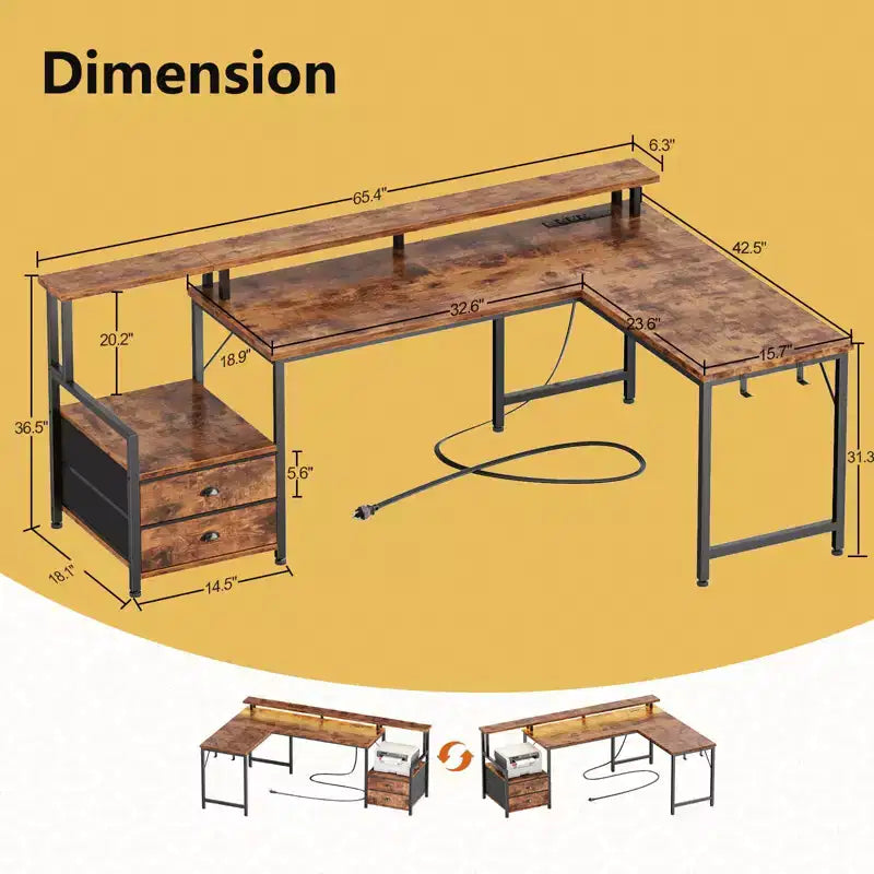 Qwatto Bureau d'ordinateur en L marron de 66 pouces avec station de charge, bureau de jeu réversible, lumières LED, 2 tiroirs, support de moniteur, rangement, bureau à domicile