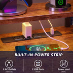 Qwatto Bureau d'ordinateur en L marron de 66 pouces avec station de charge, bureau de jeu réversible, lumières LED, 2 tiroirs, support de moniteur, rangement, bureau à domicile