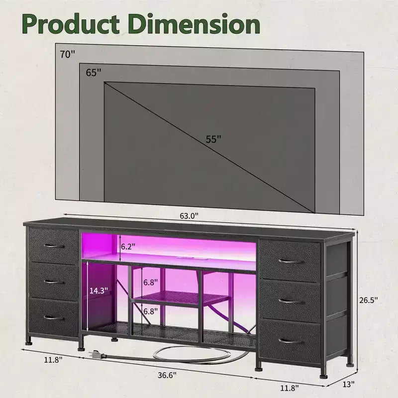 Meuble TV commode Qwatto de 160 cm de long, noir, avec station de charge et lumières LED, 6 tiroirs en tissu, meuble de divertissement pour téléviseurs jusqu'à 70 pouces, rangement de chambre.
