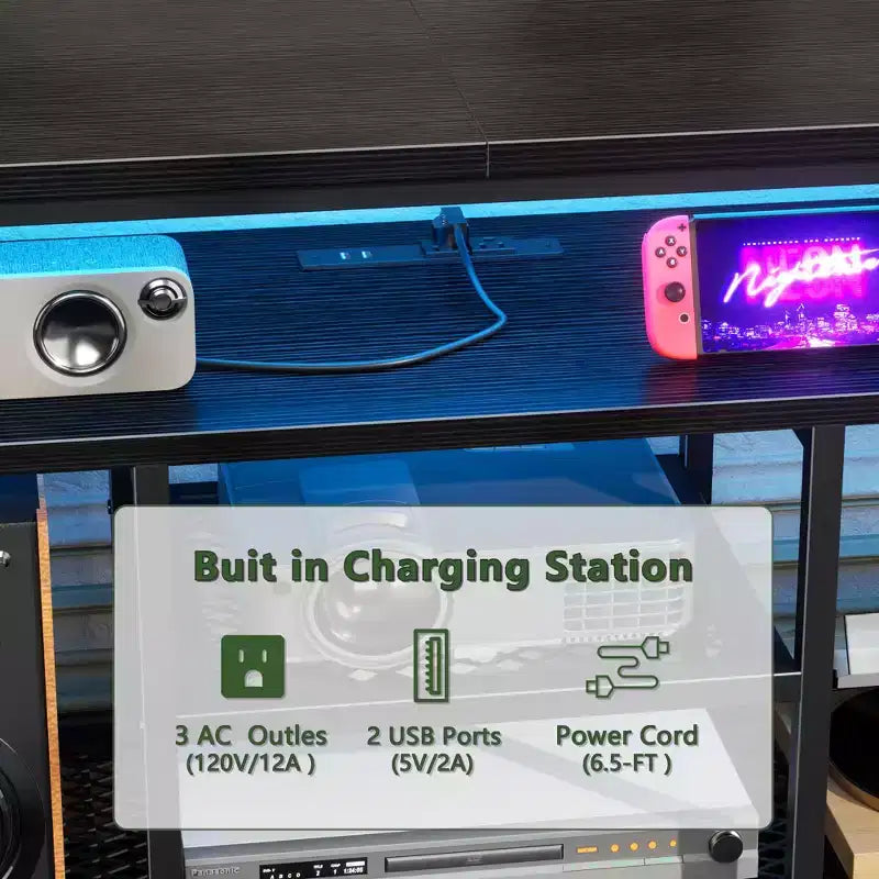 Meuble TV commode Qwatto de 160 cm de long, noir, avec station de charge et lumières LED, 6 tiroirs en tissu, meuble de divertissement pour téléviseurs jusqu'à 70 pouces, rangement de chambre.