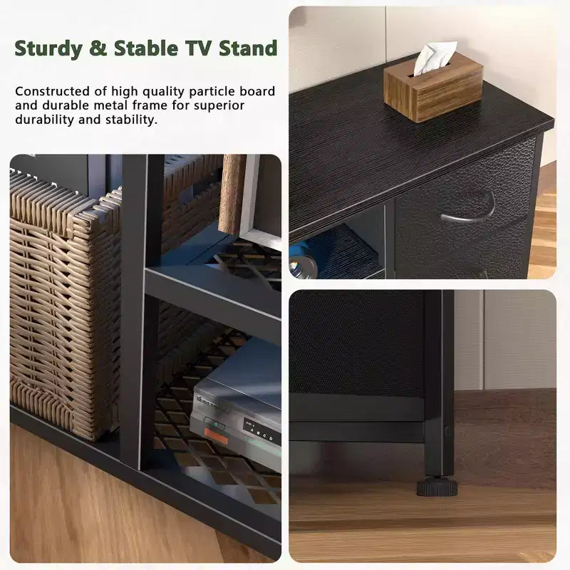 Meuble TV commode Qwatto de 160 cm de long, noir, avec station de charge et lumières LED, 6 tiroirs en tissu, meuble de divertissement pour téléviseurs jusqu'à 70 pouces, rangement de chambre.