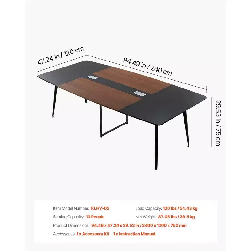Table de conférence VEVOR, table de réunion de bureau en forme de bateau de 2,4 m pour 10 personnes, grande table de réunion moderne en forme de bateau avec pieds en métal, noir et marron