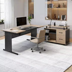 Bureau de direction en forme de L VEVOR, table de bureau moderne réversible avec tiroirs et armoire de rangement, capacité de charge de 159 kg, noir et marron