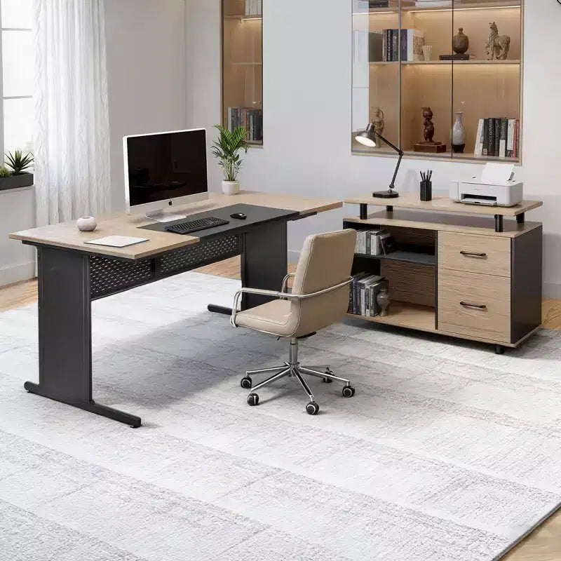 Bureau de direction en forme de L VEVOR, table de bureau moderne réversible avec tiroirs et armoire de rangement, capacité de charge de 159 kg, noir et marron