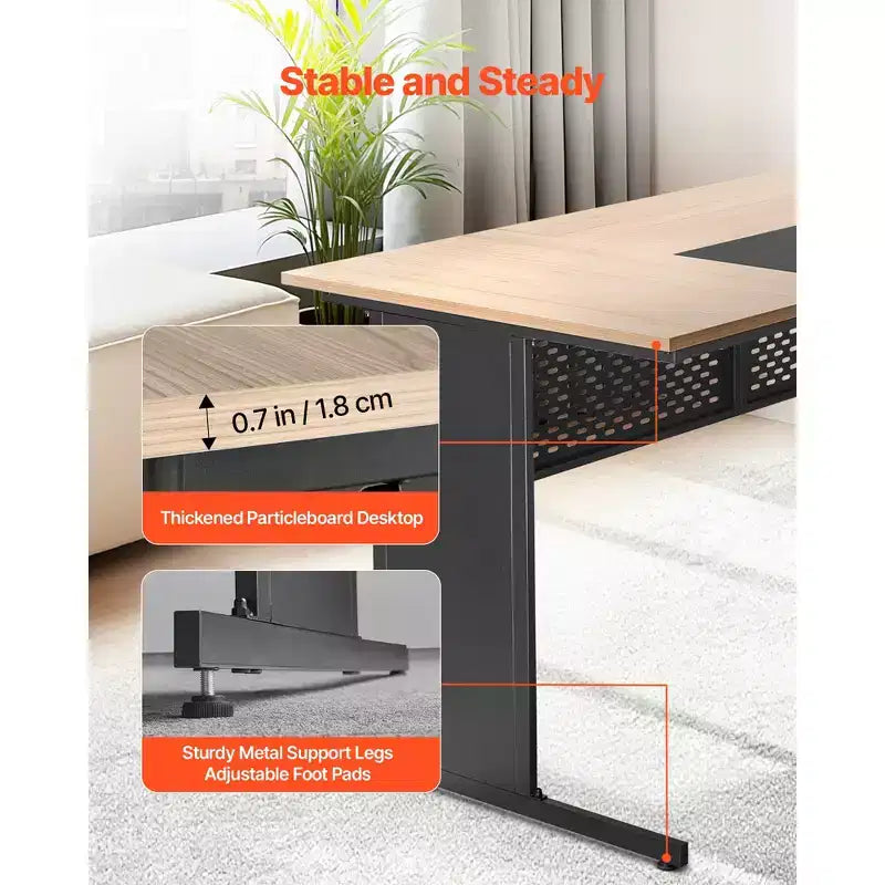 Bureau de direction en forme de L VEVOR, table de bureau moderne réversible avec tiroirs et armoire de rangement, capacité de charge de 159 kg, noir et marron