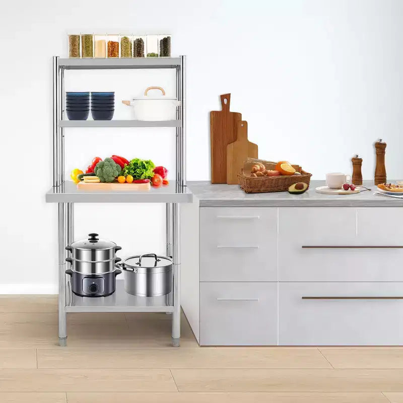 Table en acier inoxydable avec étagères, table de préparation avec crochets, établi de travail robuste pour cuisine commerciale/domestique, comptoir en acier