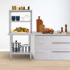 Table en acier inoxydable avec étagères, table de préparation avec crochets, établi de travail robuste pour cuisine commerciale/domestique, comptoir en acier