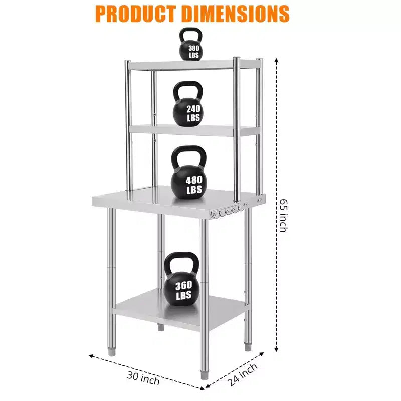 Table en acier inoxydable avec étagères, table de préparation avec crochets, établi de travail robuste pour cuisine commerciale/domestique, comptoir en acier