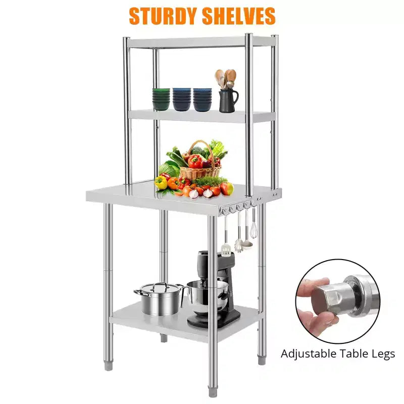 Table en acier inoxydable avec étagères, table de préparation avec crochets, établi de travail robuste pour cuisine commerciale/domestique, comptoir en acier